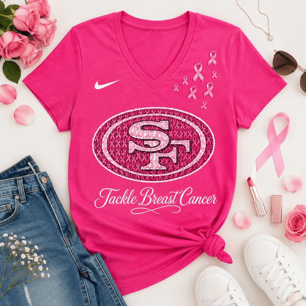 San Francisco 49ers | Premium NFL Tackle Breast Cancer V-neck NY - Image 2