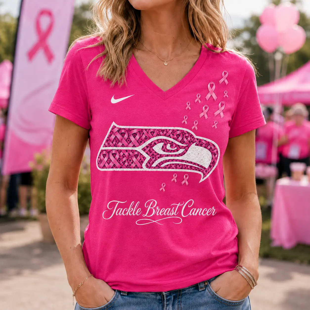 Seattle Seahawks | Premium NFL Tackle Breast Cancer V-neck NY