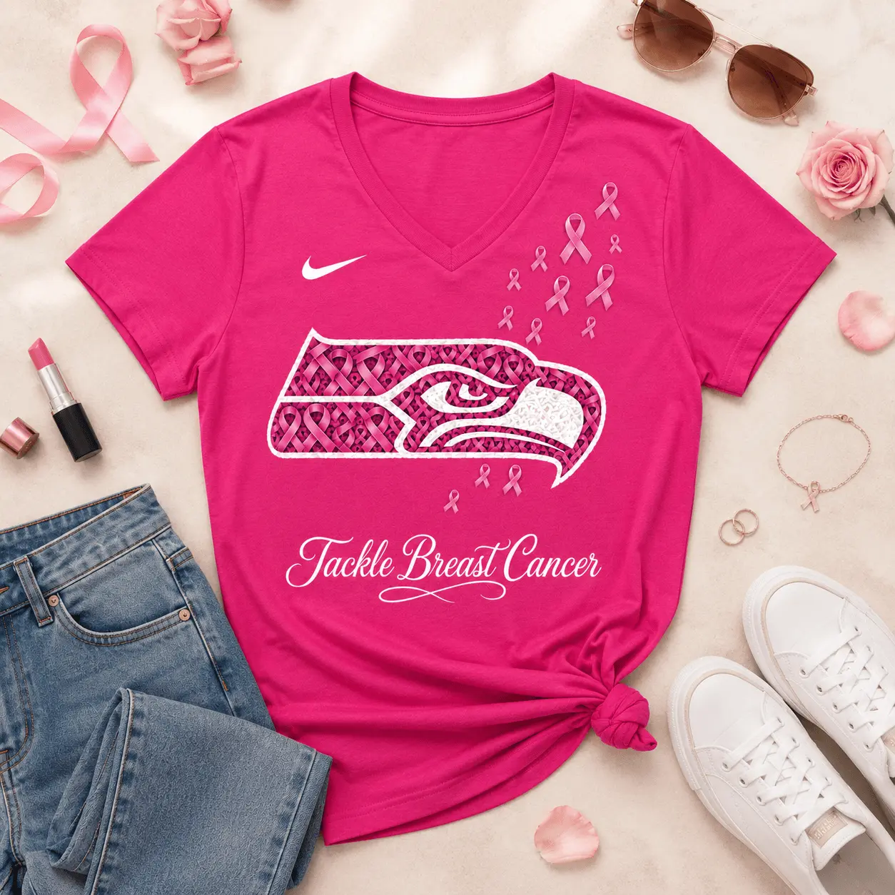 Seattle Seahawks | Premium NFL Tackle Breast Cancer V-neck NY - Image 2