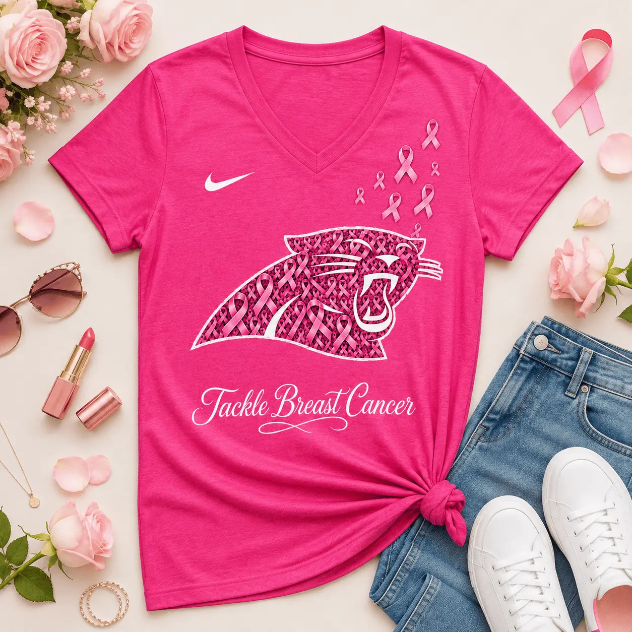 Carolina Panthers | Premium NFL Tackle Breast Cancer V-neck NY - Image 2