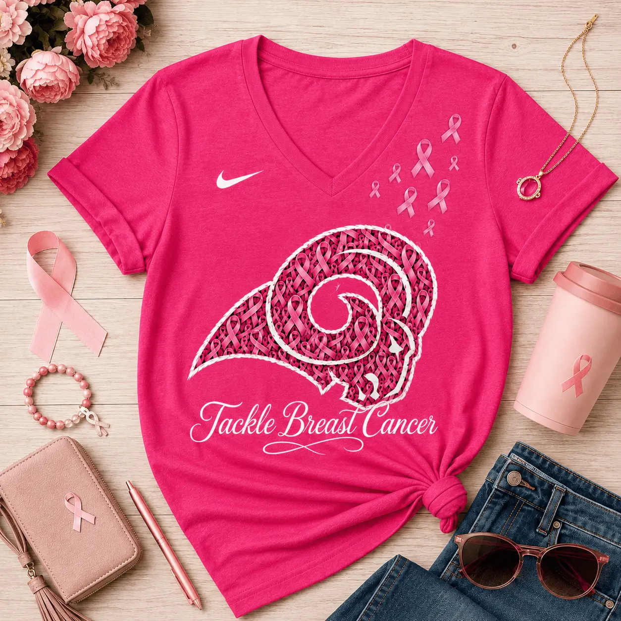 Los Angeles Rams | Premium NFL Tackle Breast Cancer V-neck NY - Image 2