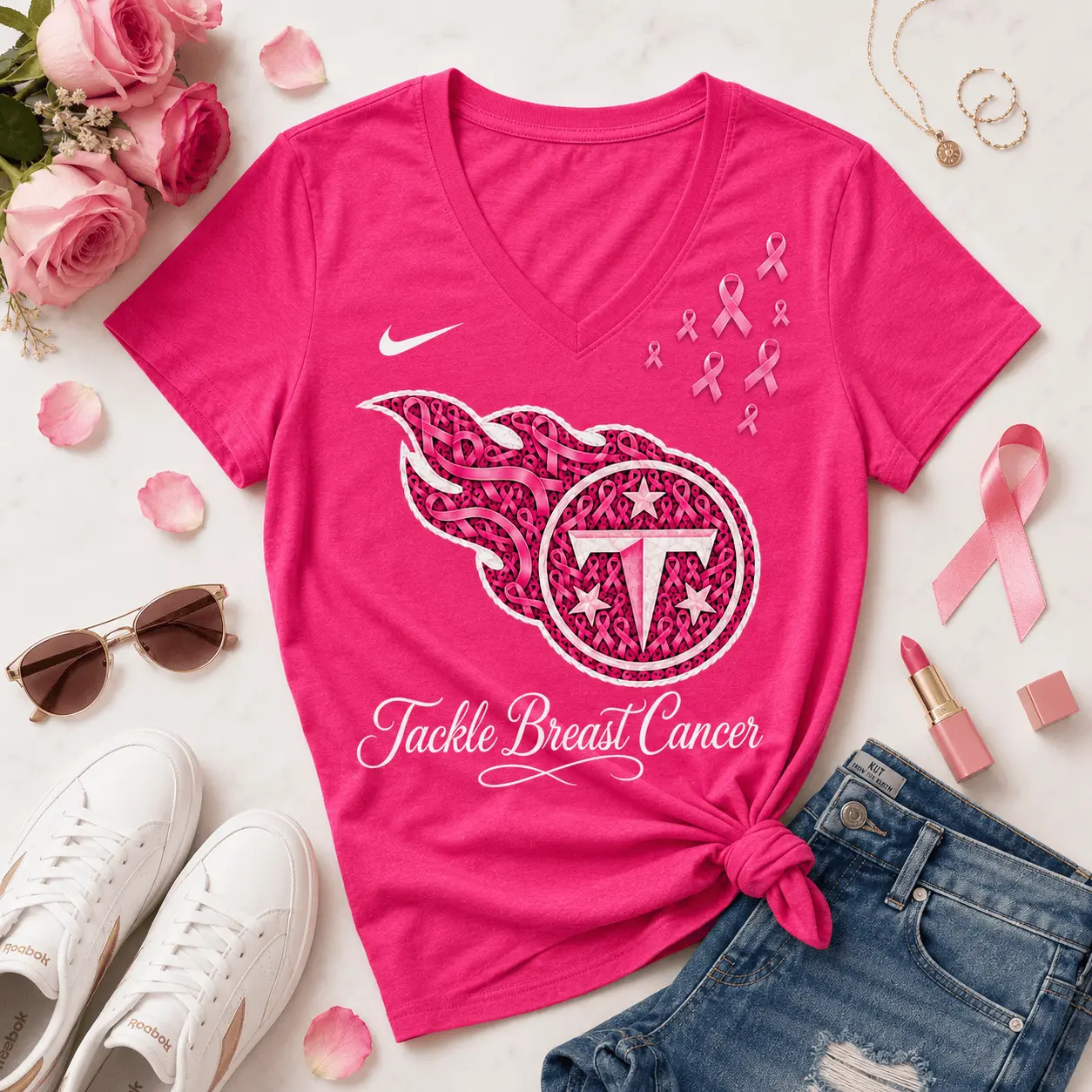 Tennessee Titans | Premium NFL Tackle Breast Cancer V-neck NY - Image 2