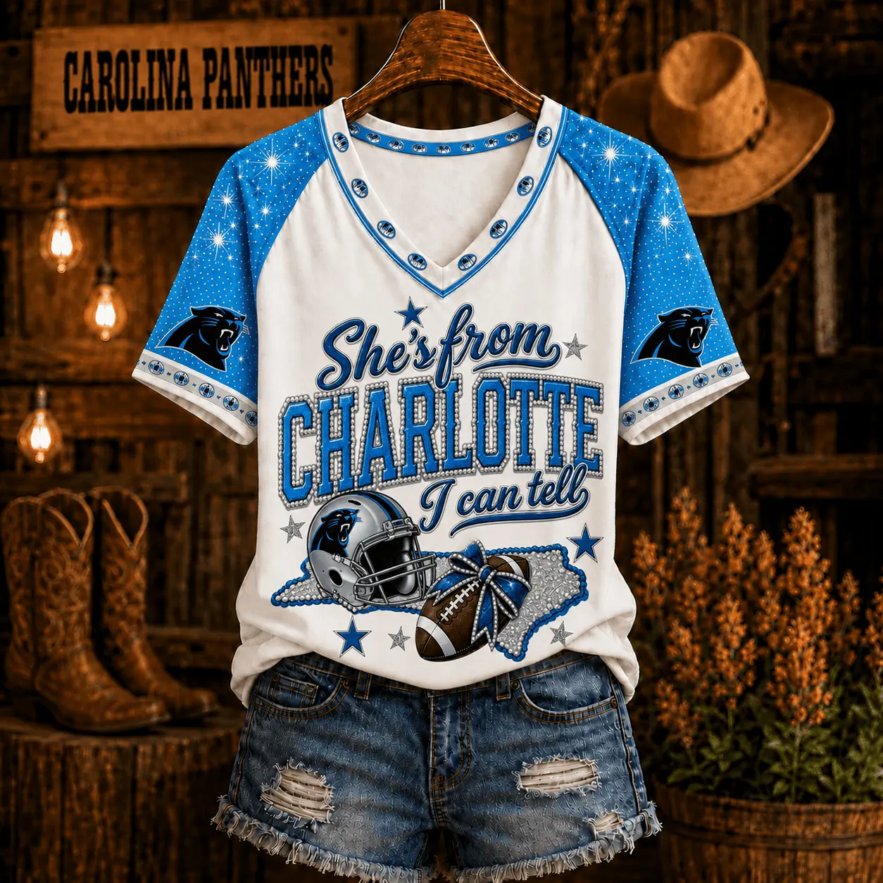 Carolina Panthers | Premium NFL Home State Bow Girl V-Neck TD