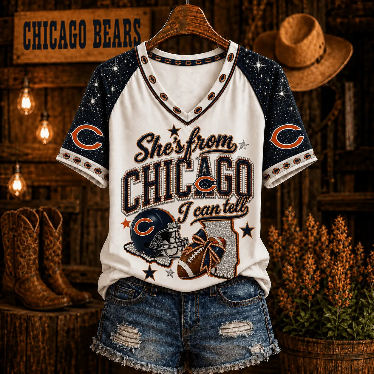 Chicago Bears | Premium NFL Home State Bow Girl V-Neck TD