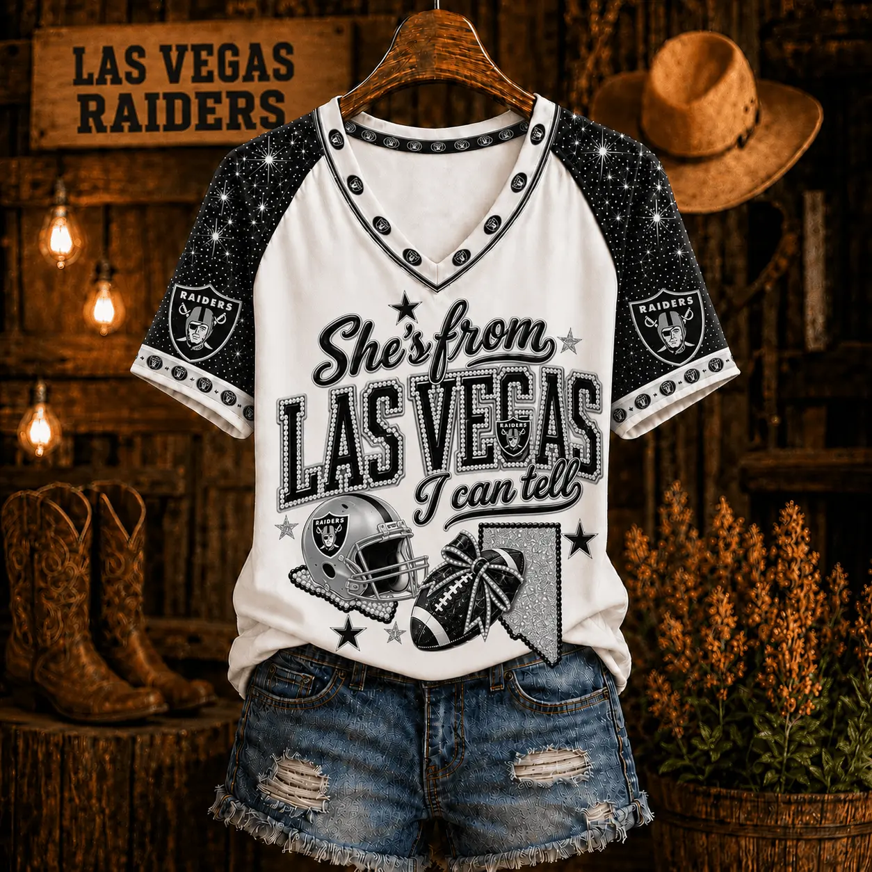 Las Vegas Raiders | Premium NFL Home State Bow Girl V-Neck TD