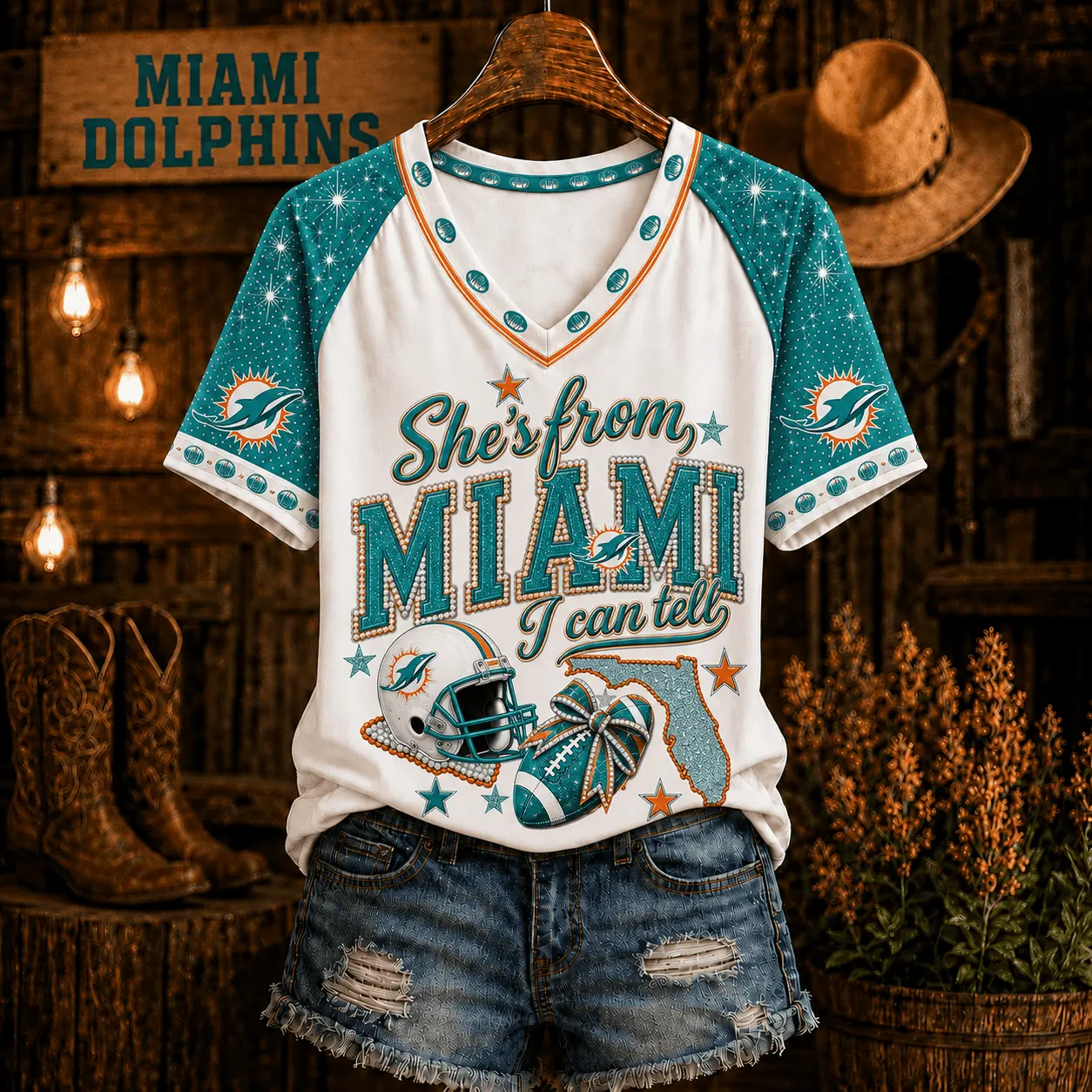 Miami Dolphins | Premium NFL Home State Bow Girl V-Neck TD