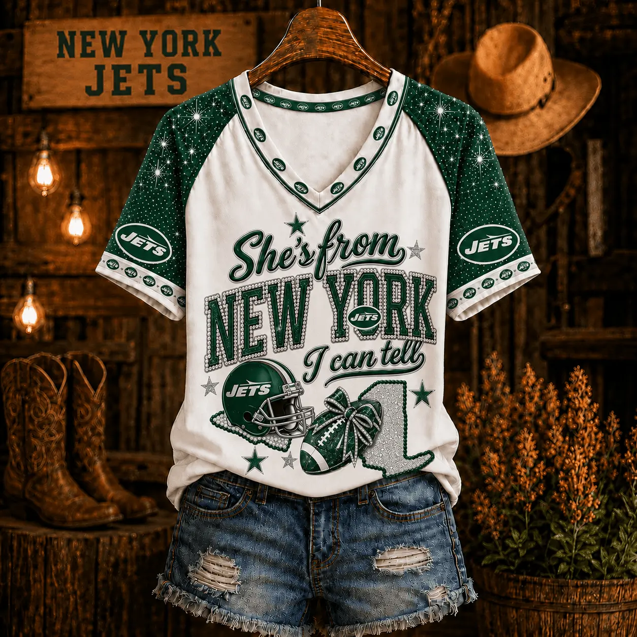 New York Jets | Premium NFL Home State Bow Girl V-Neck TD