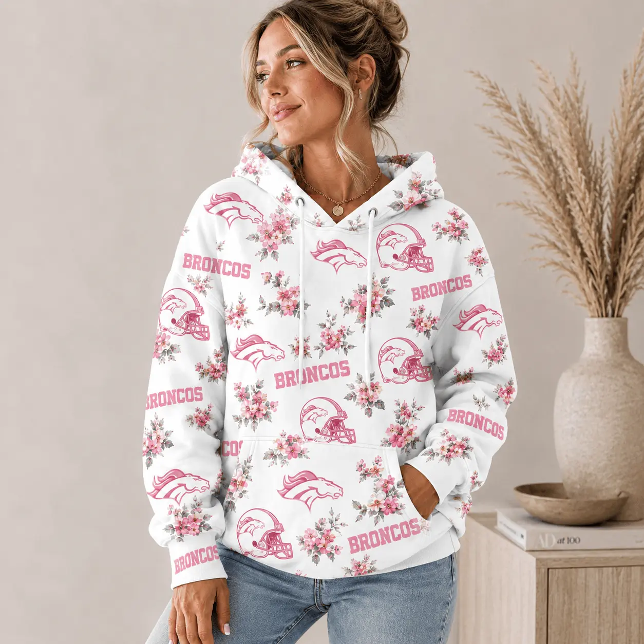 Denver Broncos | Premium NFL Pink Floral Team Pride Hoodie TD - Image 2
