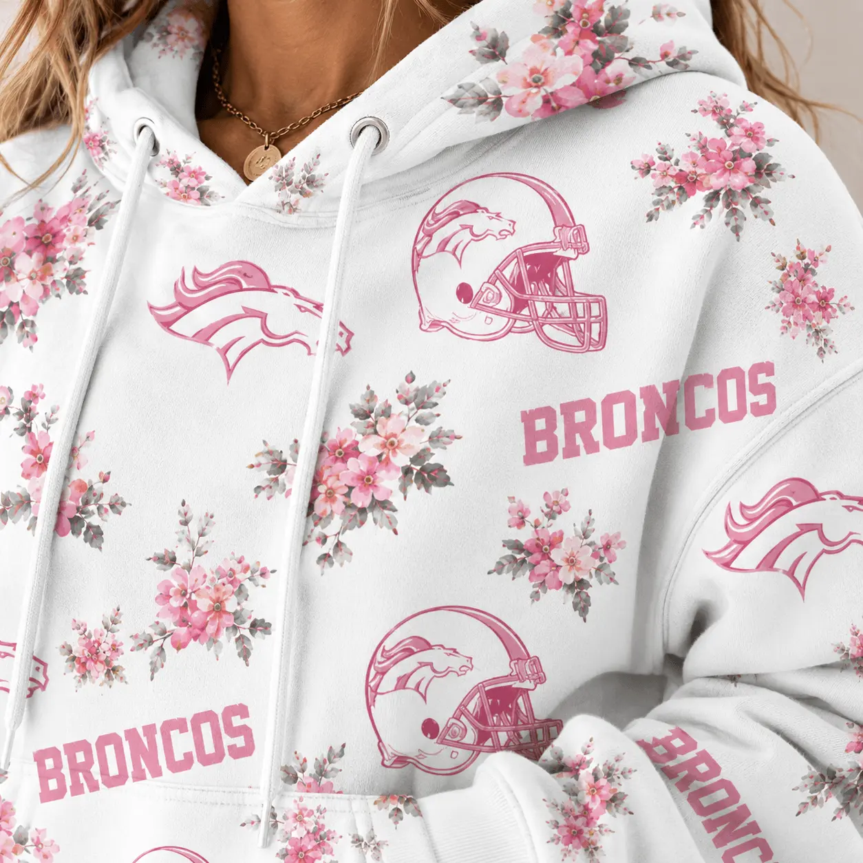Denver Broncos | Premium NFL Pink Floral Team Pride Hoodie TD - Image 3