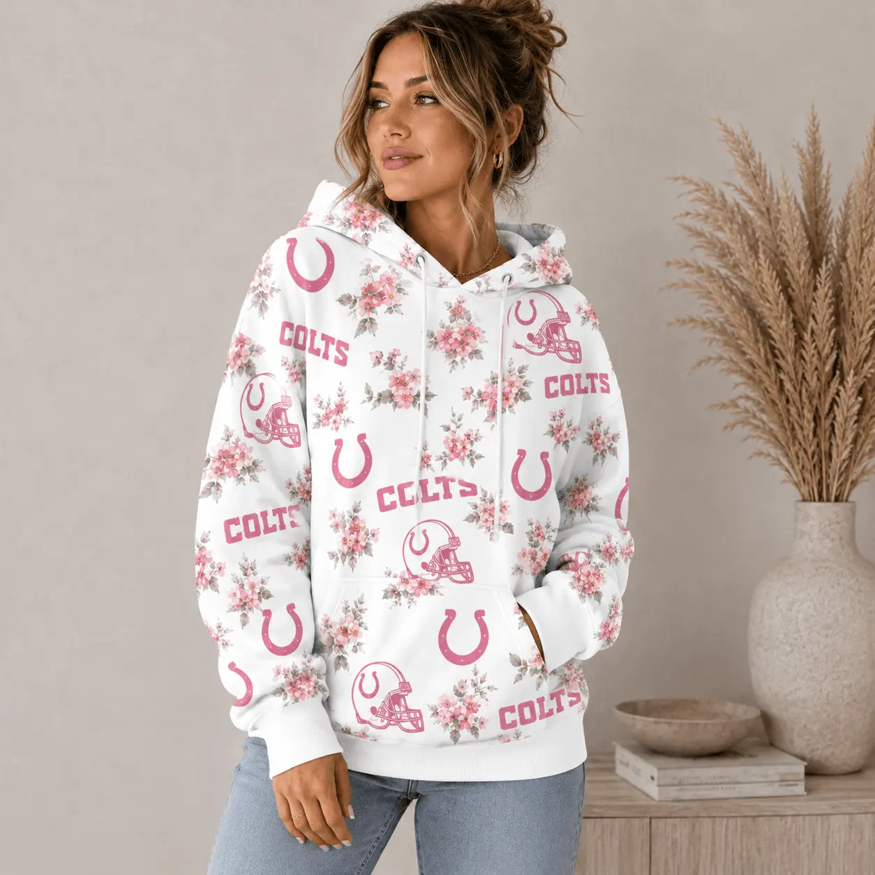 Indianapolis Colts | Premium NFL Pink Floral Team Pride Hoodie TD - Image 2