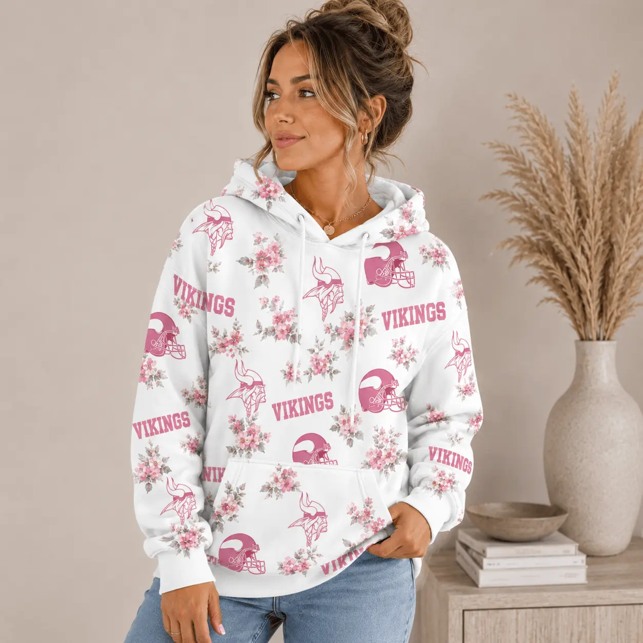 Minnesota Vikings | Premium NFL Pink Floral Team Pride Hoodie TD - Image 2