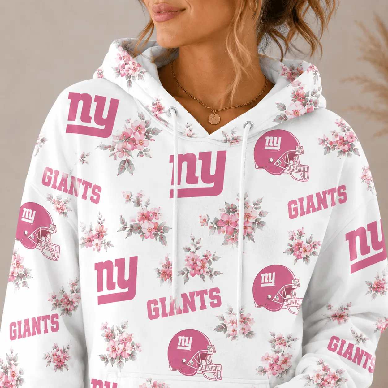 New York Giants | Premium NFL Pink Floral Team Pride Hoodie TD - Image 3