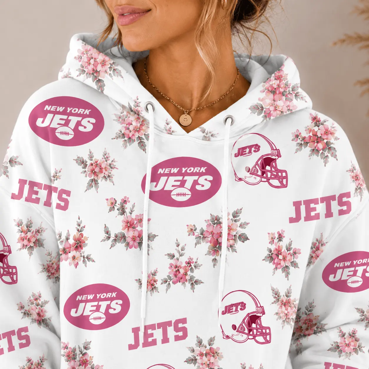 New York Jets | Premium NFL Pink Floral Team Pride Hoodie TD - Image 3