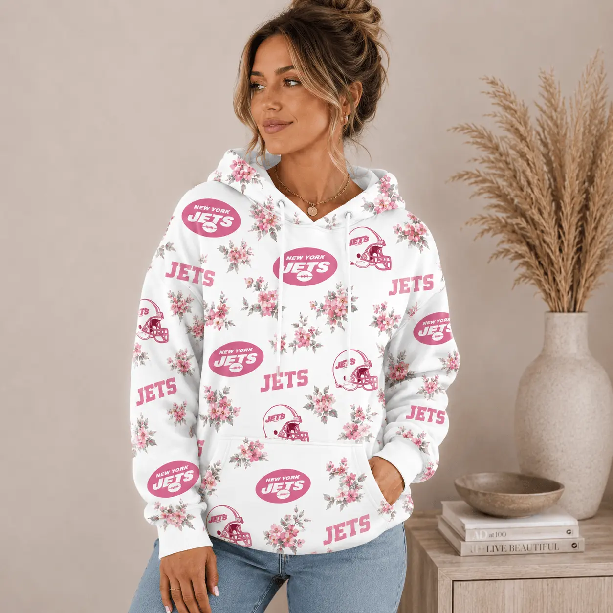 New York Jets | Premium NFL Pink Floral Team Pride Hoodie TD - Image 2