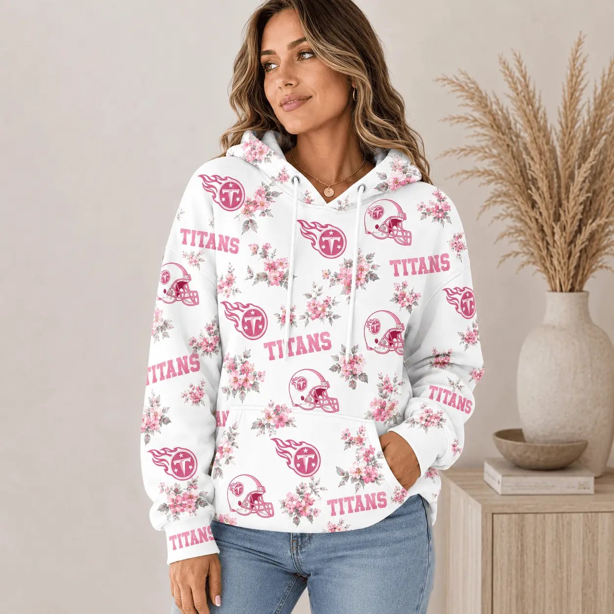 Tennessee Titans | Premium NFL Pink Floral Team Pride Hoodie TD - Image 2