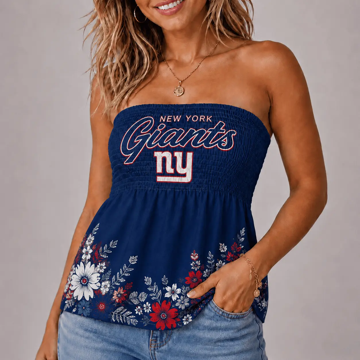 New York Giants | Premium NFL Floral Strapless Top Long Sleeveless NY