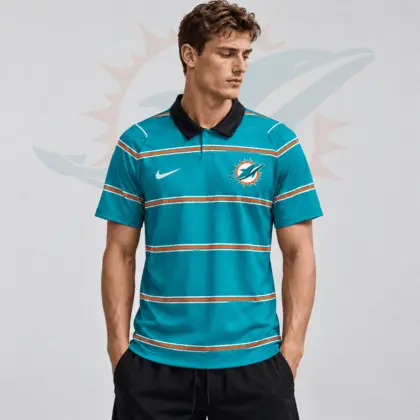 Miami Dolphins | Premium NFL Team Crest Classic Horizontal Stripe Performance Polo Shirt NDN