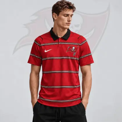 Tampa Bay Buccaneers | Premium NFL Team Crest Classic Horizontal Stripe Performance Polo Shirt NDN