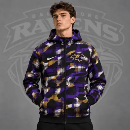 Baltimore Ravens | Premium NFL Team Crest Plaid Camo Full Zip Hooded Jacket NDN