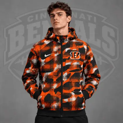 Cincinnati Bengals | Premium NFL Team Crest Plaid Camo Full Zip Hooded Jacket NDN