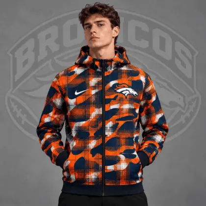 Denver Broncos | Premium NFL Team Crest Plaid Camo Full Zip Hooded Jacket NDN