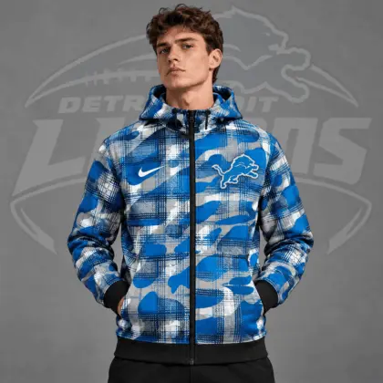Detroit Lions | Premium NFL Team Crest Plaid Camo Full Zip Hooded Jacket NDN