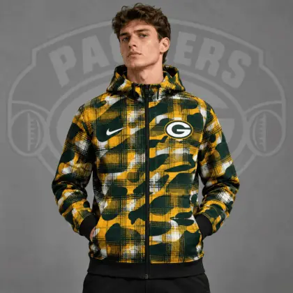Green Bay Packers | Premium NFL Team Crest Plaid Camo Full Zip Hooded Jacket NDN