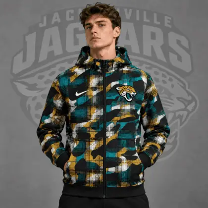 Jacksonville Jaguars | Premium NFL Team Crest Plaid Camo Full Zip Hooded Jacket NDN