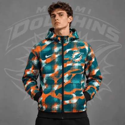 Miami Dolphins | Premium NFL Team Crest Plaid Camo Full Zip Hooded Jacket NDN