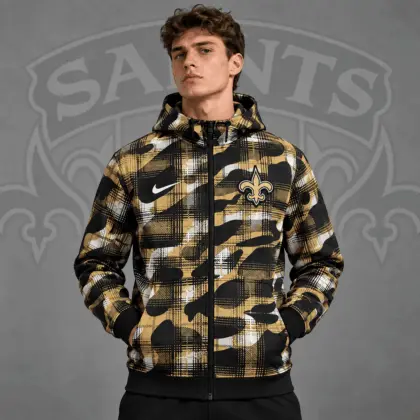 New Orleans Saints | Premium NFL Team Crest Plaid Camo Full Zip Hooded Jacket NDN