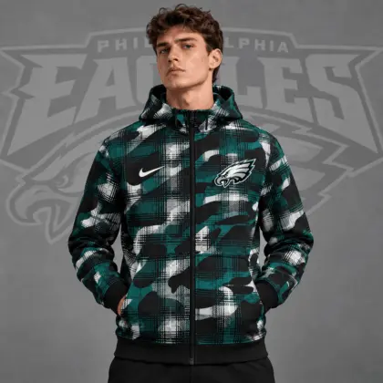 Philadelphia Eagles | Premium NFL Team Crest Plaid Camo Full Zip Hooded Jacket NDN