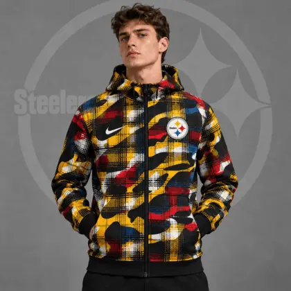Pittsburgh Steelers | Premium NFL Team Crest Plaid Camo Full Zip Hooded Jacket NDN