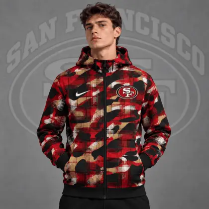 San Francisco 49ers | Premium NFL Team Crest Plaid Camo Full Zip Hooded Jacket NDN