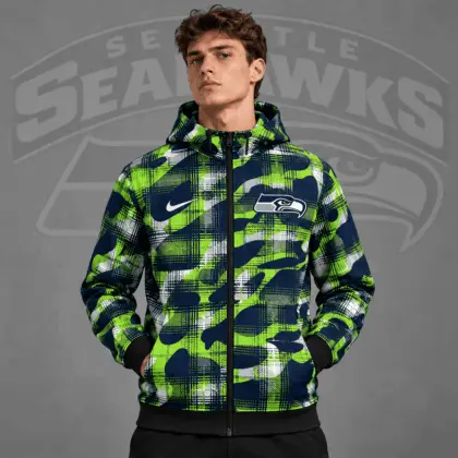 Seattle Seahawks | Premium NFL Team Crest Plaid Camo Full Zip Hooded Jacket NDN
