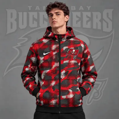 Tampa Bay Buccaneers | Premium NFL Team Crest Plaid Camo Full Zip Hooded Jacket NDN