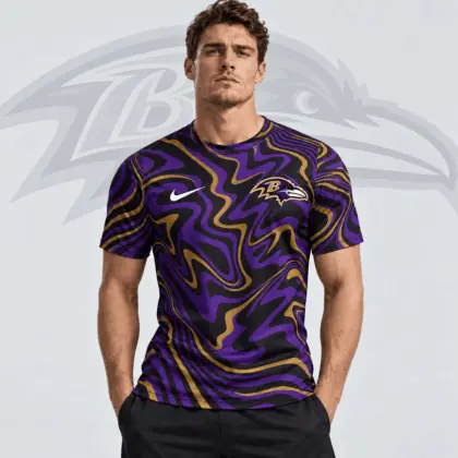 Baltimore Ravens | Premium NFL Team Crest Abstract Wave All Over Print Performance T-Shirt NDN