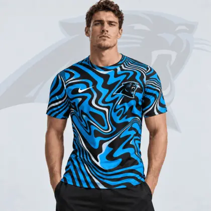 Carolina Panthers | Premium NFL Team Crest Abstract Wave All Over Print Performance T-Shirt NDN