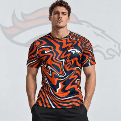 Denver Broncos | Premium NFL Team Crest Abstract Wave All Over Print Performance T-Shirt NDN