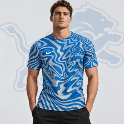 Detroit Lions | Premium NFL Team Crest Abstract Wave All Over Print Performance T-Shirt NDN