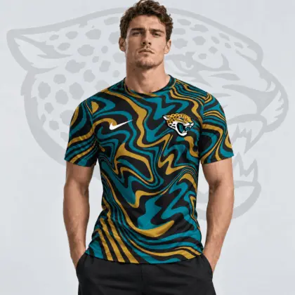Jacksonville Jaguars | Premium NFL Team Crest Abstract Wave All Over Print Performance T-Shirt NDN