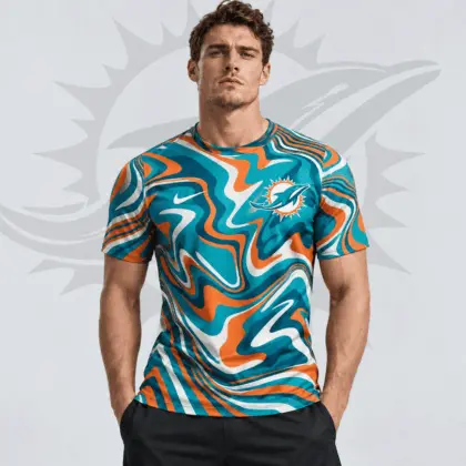 Miami Dolphins | Premium NFL Team Crest Abstract Wave All Over Print Performance T-Shirt NDN
