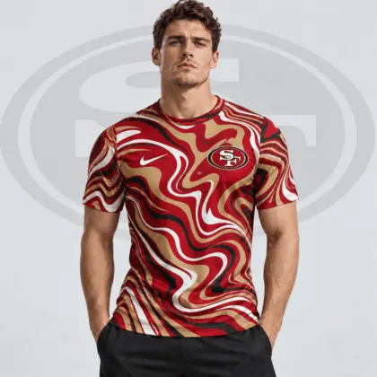 San Francisco 49ers | Premium NFL Team Crest Abstract Wave All Over Print Performance T-Shirt NDN