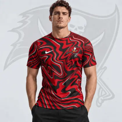 Tampa Bay Buccaneers | Premium NFL Team Crest Abstract Wave All Over Print Performance T-Shirt NDN