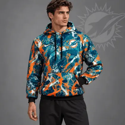 Miami Dolphins | Premium NFL Team Crest Distressed Brush Camo Pullover Hoodie NDN