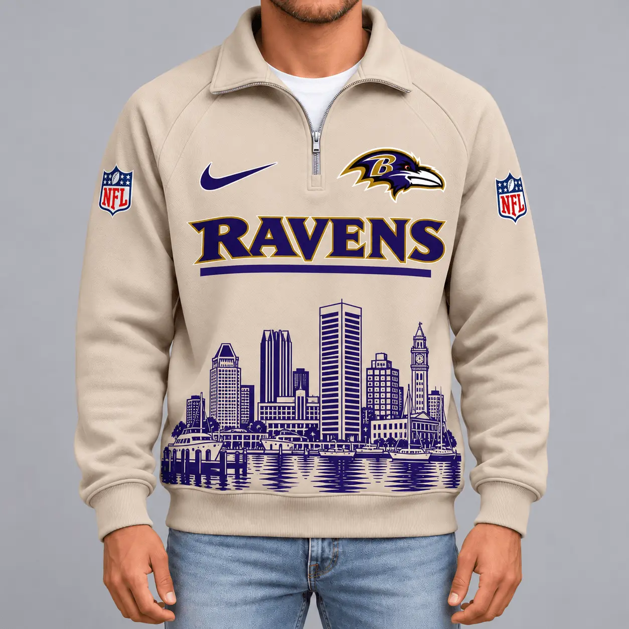 Baltimore Ravens | Premium NFL Cityscape Vintage Quarter-Zip Sweatshirt TD