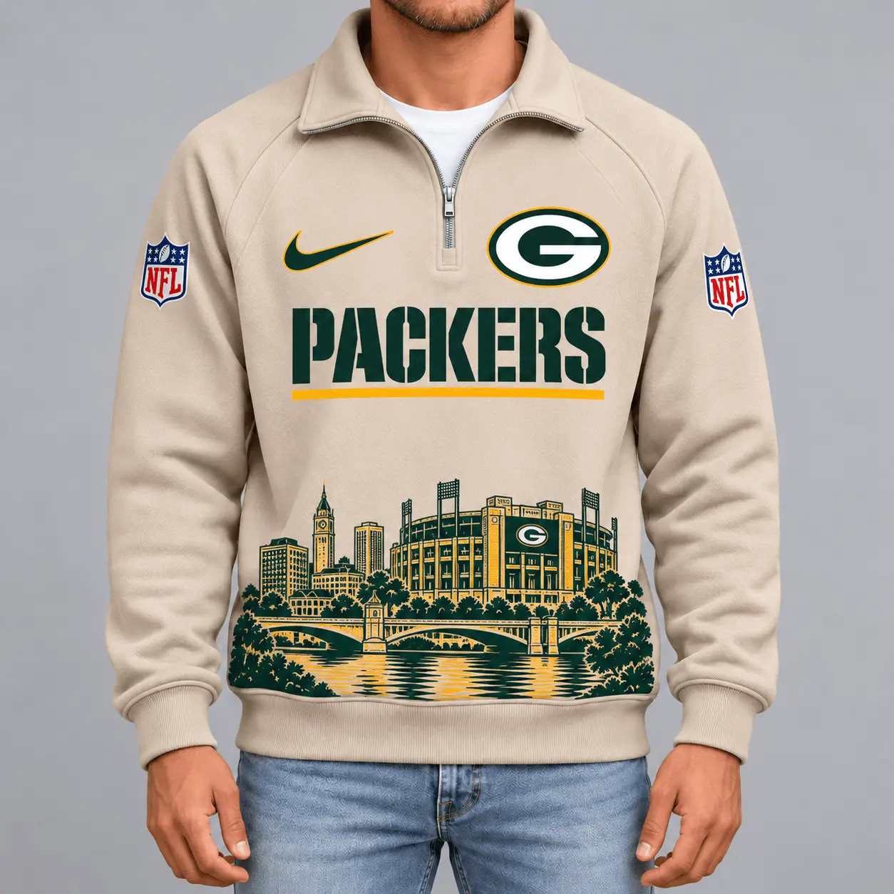 Green Bay Packers | Premium NFL Cityscape Vintage Quarter-Zip Sweatshirt TD
