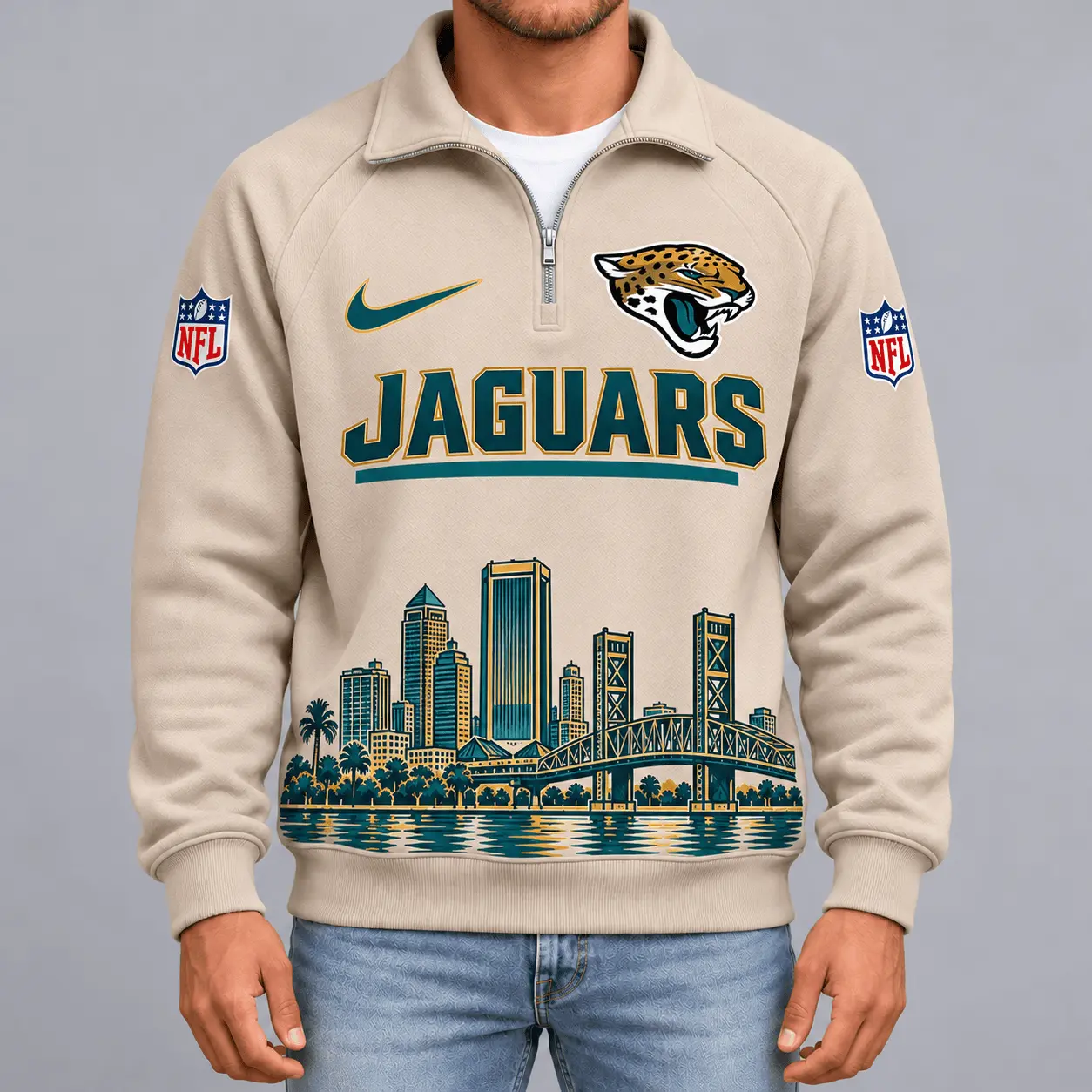 Jacksonville Jaguars | Premium NFL Cityscape Vintage Quarter-Zip Sweatshirt TD