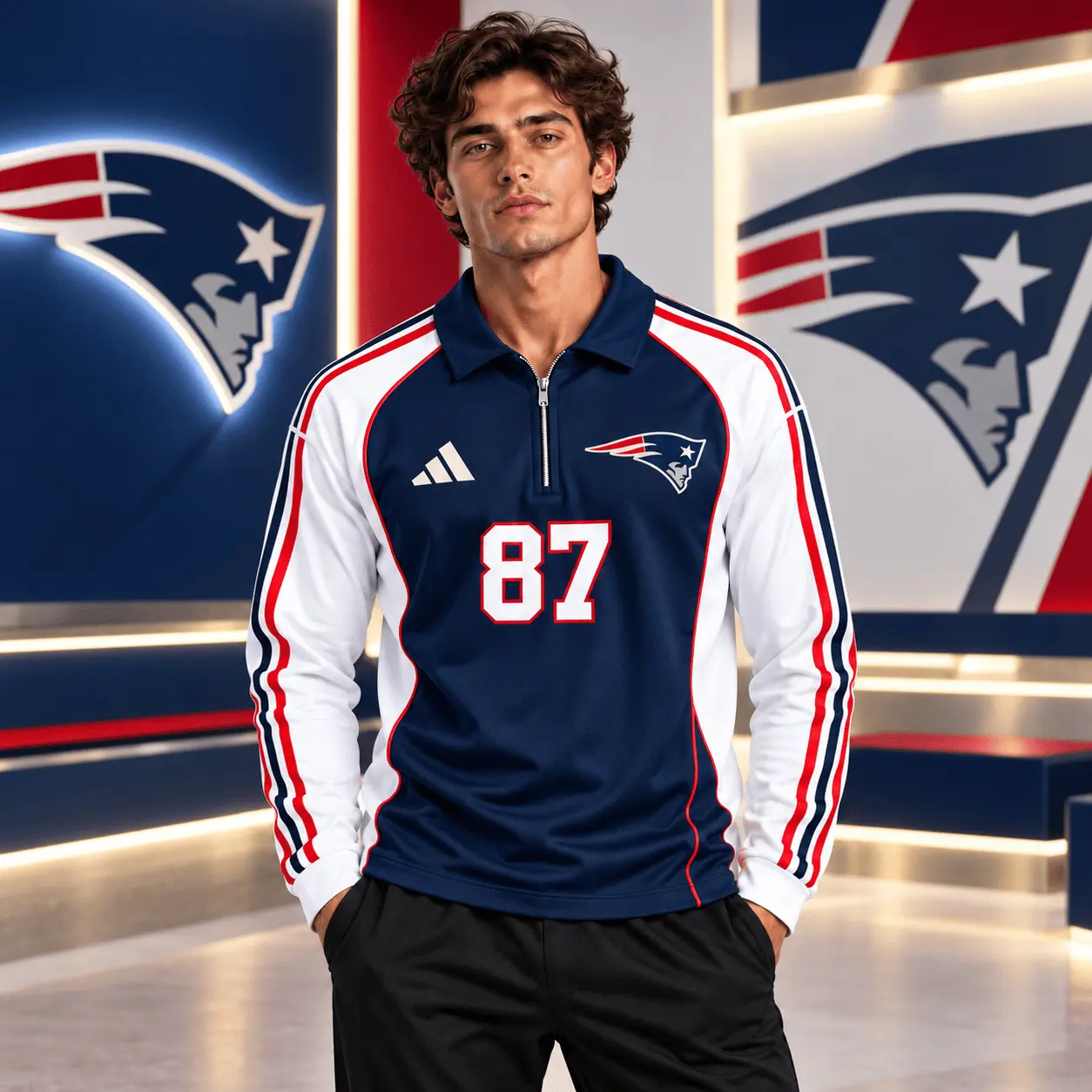 New England Patriots | Premium NFL Vintage Football Zipper Long Sleeve Polo TD