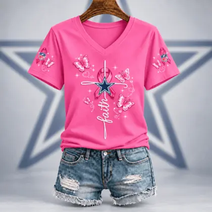 Dallas Cowboys | Premium NFL Faith Hope Love Breast Cancer V-Neck Shirt TD