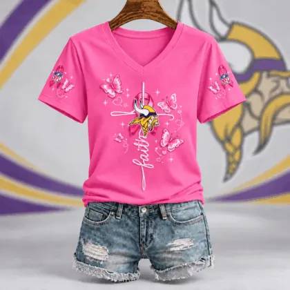 Minnesota Vikings | Premium NFL Faith Hope Love Breast Cancer V-Neck Shirt TD